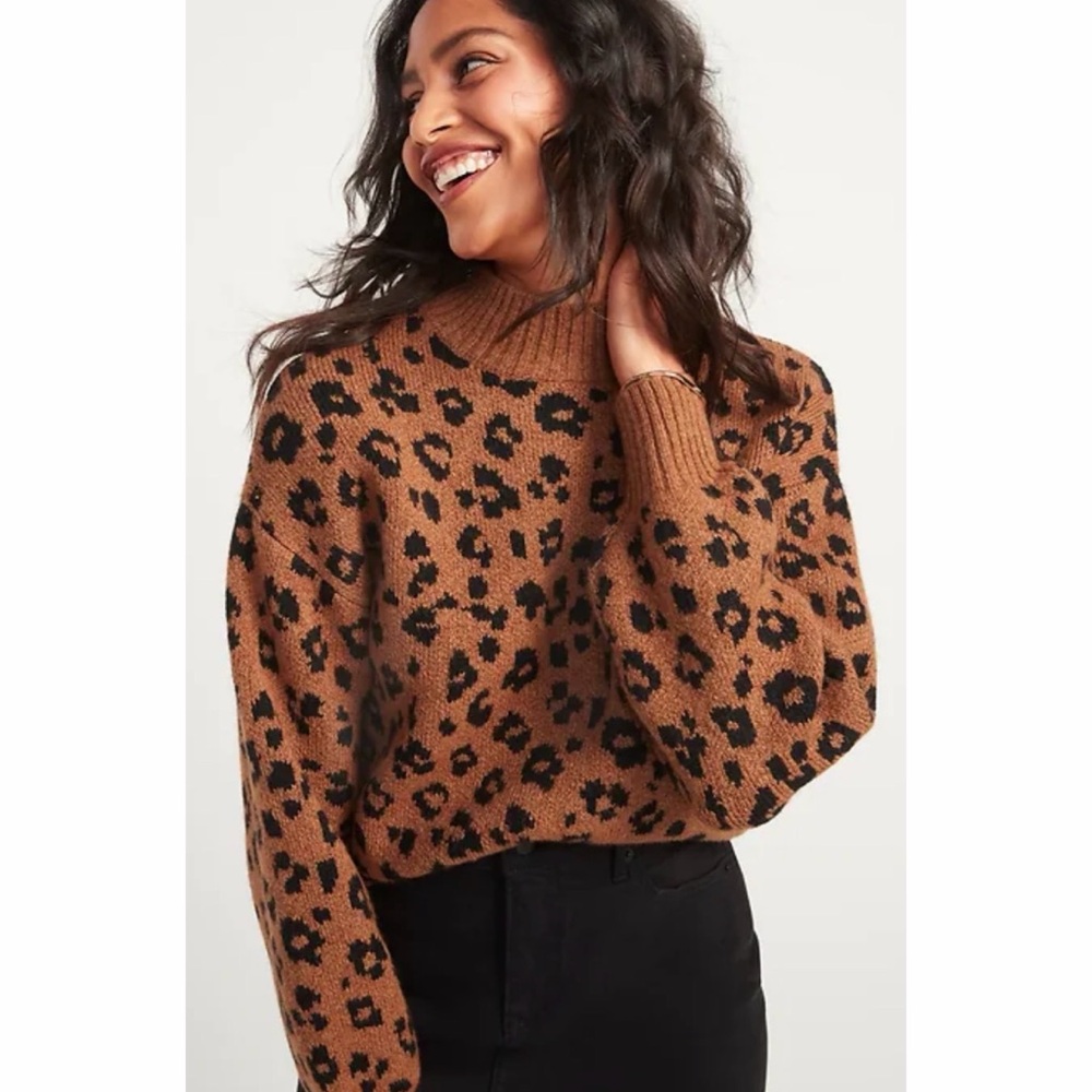 OLD NAVY • Brown Leopard Print Mock-Neck Long Sleeve Knit Sweater, XS